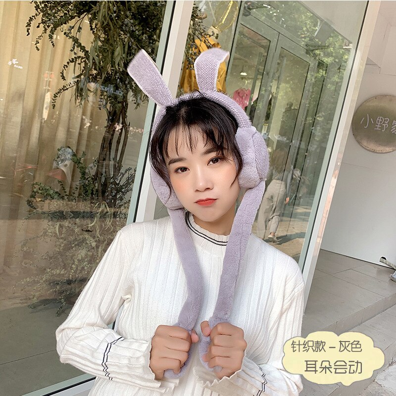 Protège-oreilles mobiles pliables avec oreille de lapin en hiver coupe-vent pour filles, protège-oreilles en peluche tricoté, oreilles de lapin poilu: Knitted  grey
