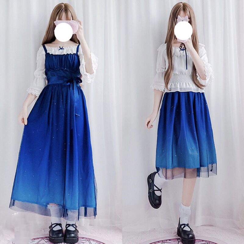 Lolita robe robe japonaise Kawaii femmes ciel étoilé dégradé bleu jarretelle en mousseline de soie robe de fée fille printemps doux Lolita SL2927