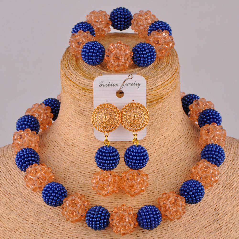 Royal Blue and Yelow African Beads Jewelry Set: Royal Blue Peach