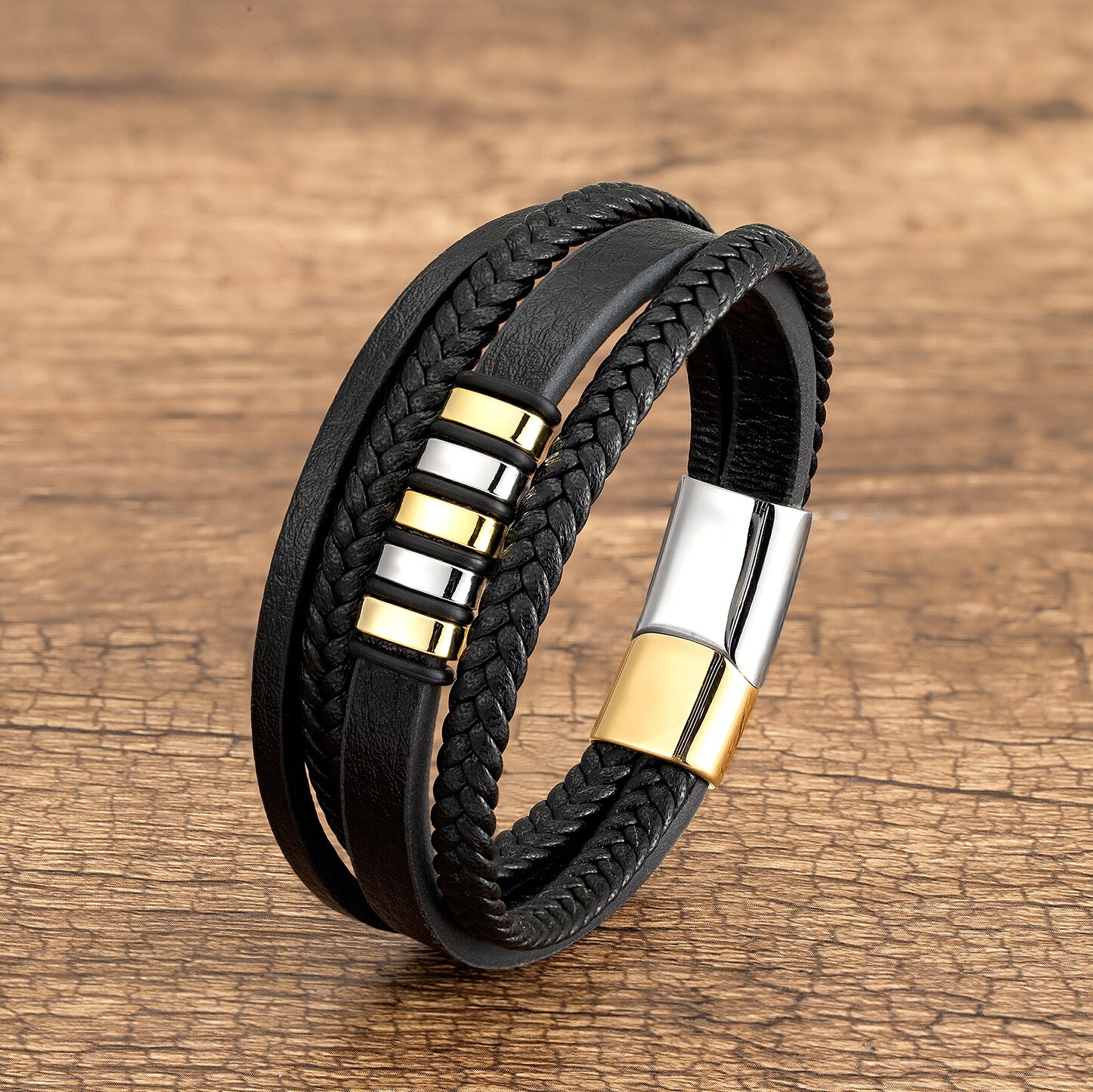 Klasyczny Design ręcznie tkane skórzane bransoletki mężczyźni zapięcie magnetyczne ze stali nierdzewnej Charms bransoletka na rękę Homme męska biżuteria prezenty: White-Gold Metal / 19cm