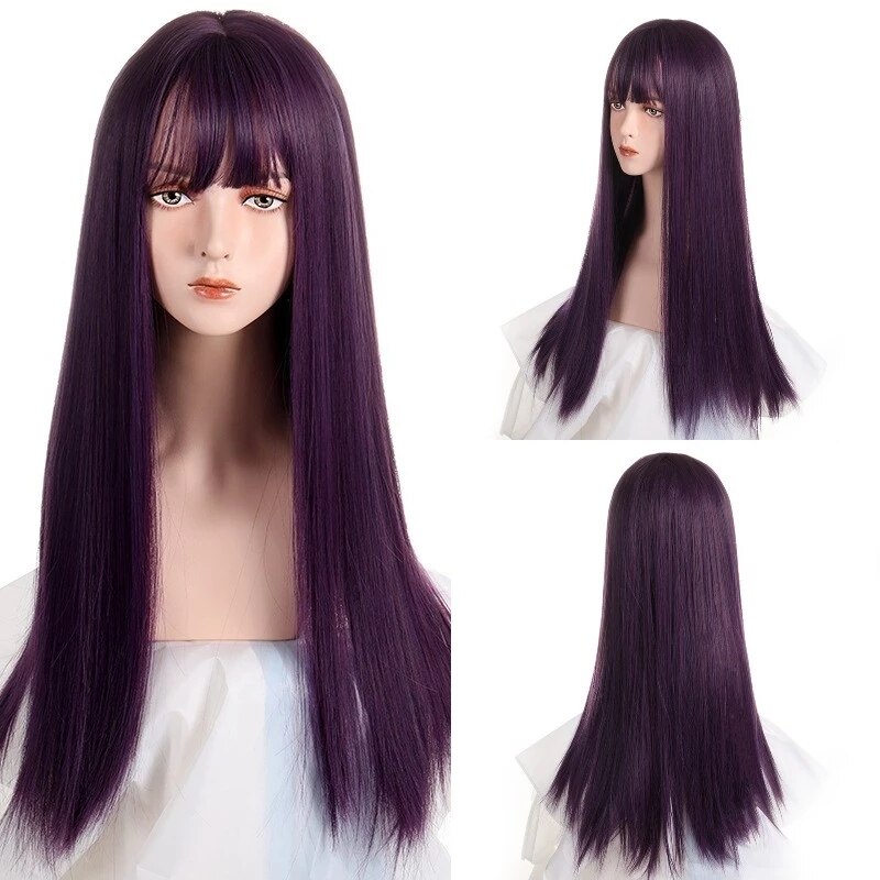 VICWIG Medium Length Cosplay Wig With Bangs Light Orange Synthetic Straight Hair Heat-resistant Rose Net Wigs For Women: Purple