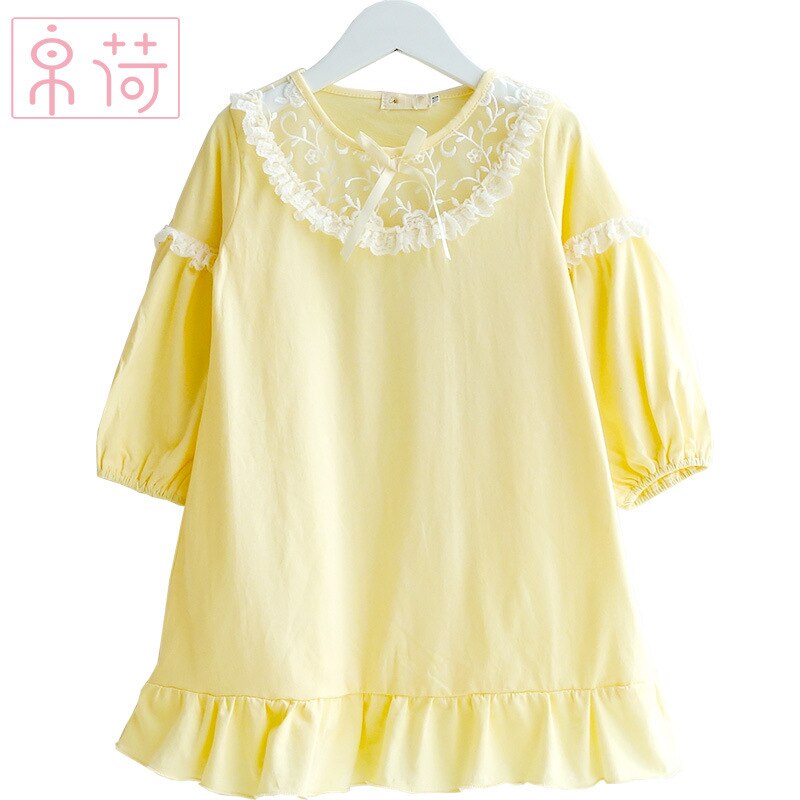 Girls Pajamas Baby Nightdress sleepwear100% Cotton Thin Long Sleeve Home Clothing Children Nightgowns 2y-14y: Yellow / 90