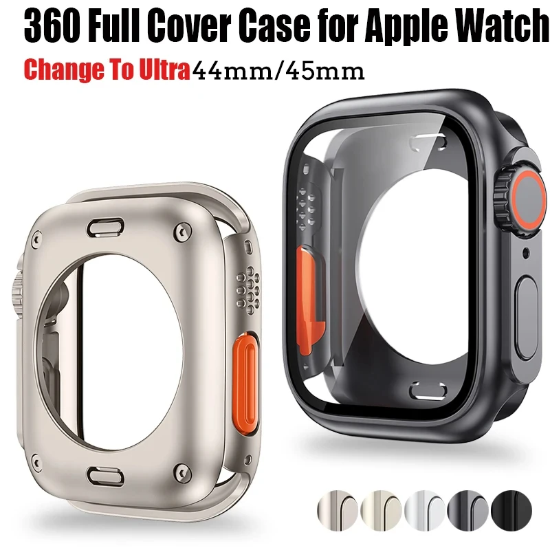 Funda protectora de pantalla para Apple Watch 44mm 45mm 40mm 41mm funda dura de parachoques trasero delantero de PC para iwatch 9 8 7 6 5 4 cambio a Ultra