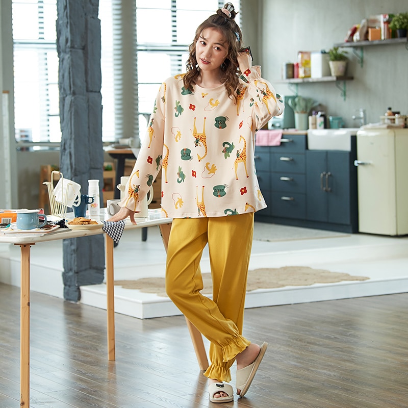 M-XXXL Autumn Home Wear Couple Pajamas Casual Loose Men's Home Wear Cute Ladies 160KG-200KG Pajamas 2 Piece Set E40: women / XXL