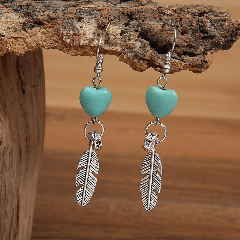 European and American Retro Earrings Heart-Shaped Turquoise Feather Earrings Vintage Women&#39;s Alloy Jewelry Accessories