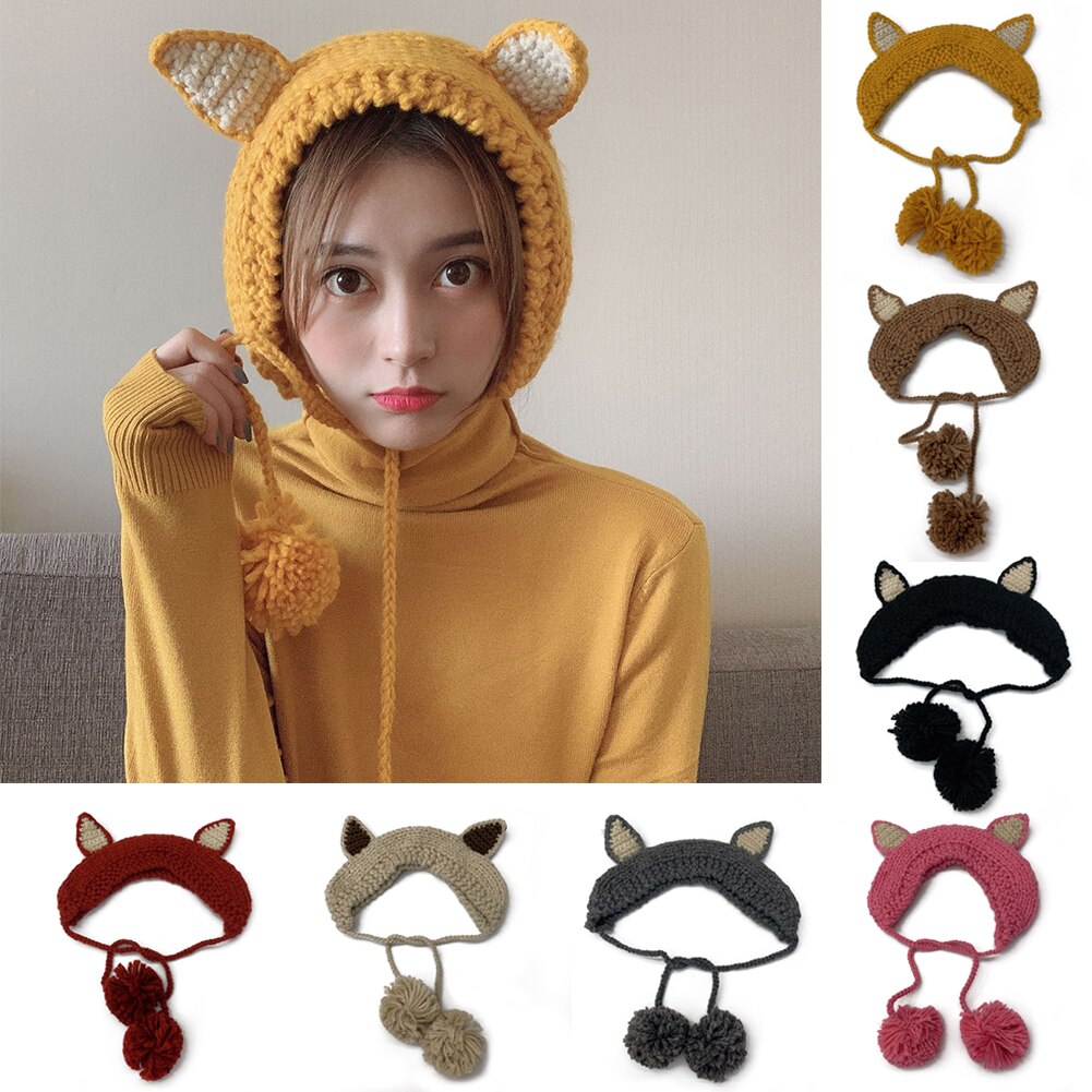 Hue dame hatte vinter akryl pom pom strik beanie ski cap bobble søde beanies høreværn