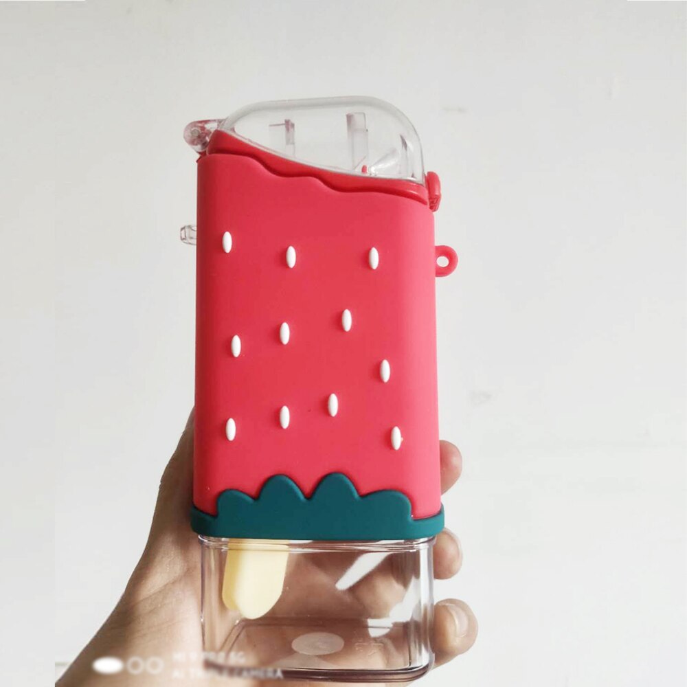 Summer Cute Donut Ice Cream Water Bottle With Straw Square Watermelon Cup Portable Leakproof Tritan Bottle BPA Free: Strawberry