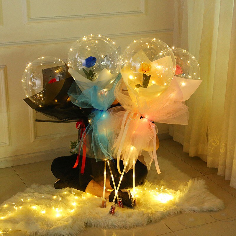 LED Luminous Balloon Rose Bouquet Transparent Bobo Ball Rose Valentines Day Birthday Party Wedding Decorations Balloons