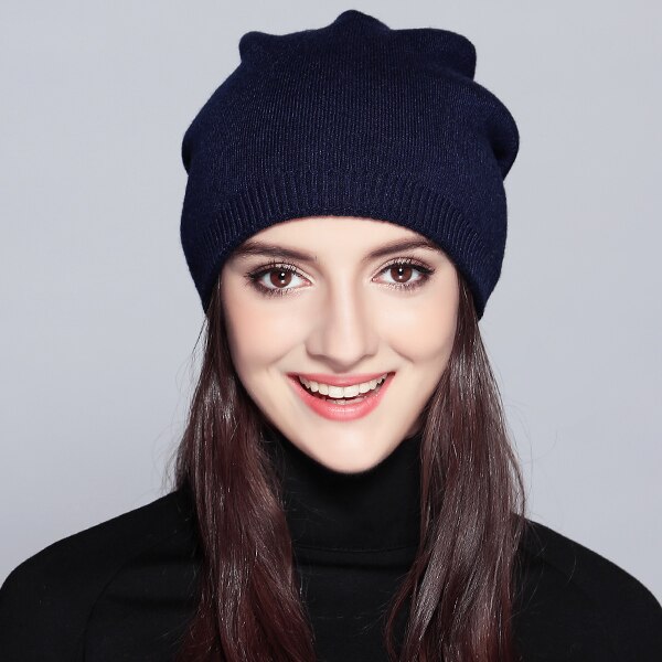 Frauen Hüte Gestrickte Wolle Herbst Winter Casual Neue Hut Weibliche Skullies Beanies # MZ720: Navy Blue