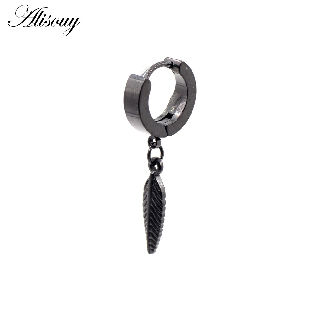 Alisouy 2 Stuks Punk Rvs Stud Huggie Oorringen Voor Vrouwen Mannen Leaf Feather Dangle Oorbellen Hiphop Goth Oor oorbellen: EM0805B Black