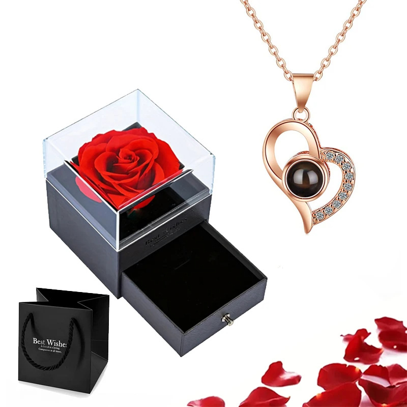 impostato di collane di proiezione con confezione regalo di rosa 100 lingue Ti amo Gioielli con ciondolo a forma di cuore Accessori di vendita caldi Dropshipping: Acciaio di colore