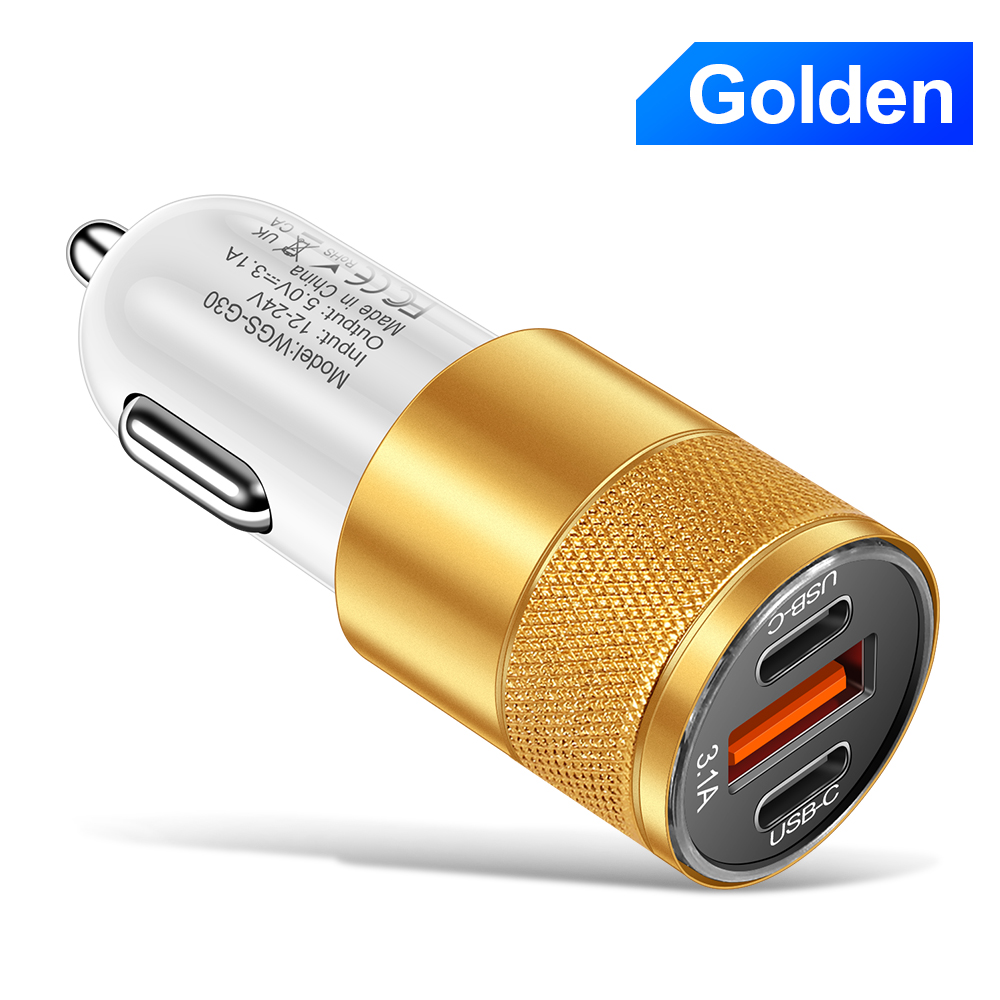 Cargador de coche 3.1A 1USB + 2 tipo C, adaptador de teléfono de carga rápida para Xiaomi, Huawei, cargador de teléfono, adaptador de coche, enchufe, encendedor de cigarrillos: Universal