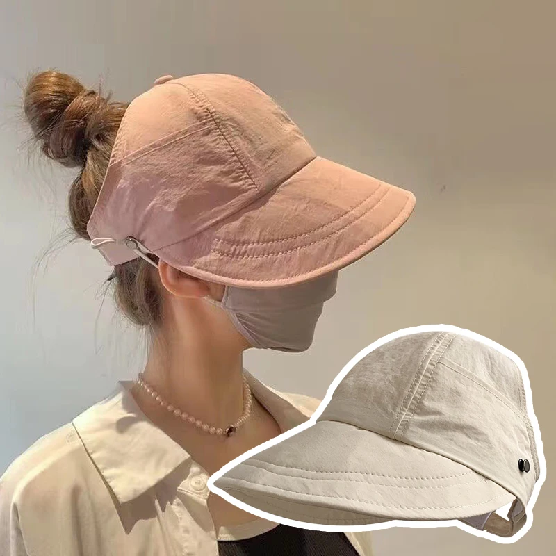 1 Stuks Opvouwbare Brede Rand Paardenstaart Zonnehoed Zomer Sneldrogende Uv-bescherming Emmer Hoed Voor Vrouwen Visser Caps met Masker Knop