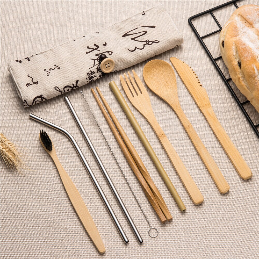 10 stuks Herbruikbare Bamboe Bestek Set Draagbare Servies Houten Bestek Vork Lepel Mes Set met Bestek Tas voor Travel Dinning set: 10pcs set009