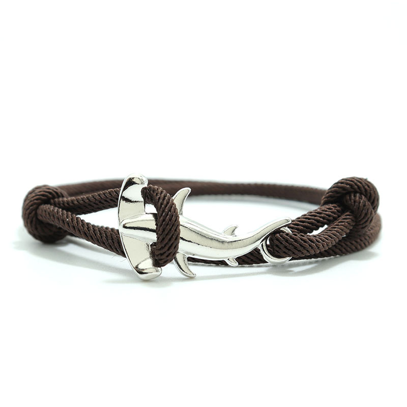 Mężczyźni bransoletka lina podwójna warstwa regulowany urok Braslet lato biżuteria plażowa Shark Braclet czerwony biały ciąg Brazalete Unisex: Coffee Silver