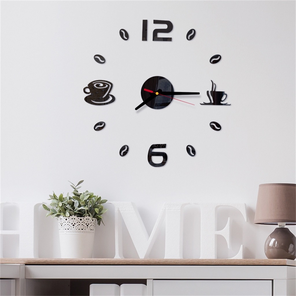 Coffee Cup Print 3d Clocks Diy Roman Numbers Acrylic Mirror Wall Sticker Clock Home Decor Mural Decals Часы Настенные