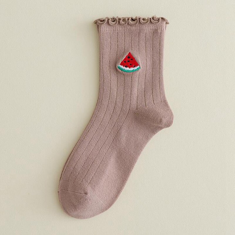 Frilly Embroidered Sock Spring Summer Japan Harajuku Kawaii Cartoon Fruit Cotton Socks Girl Streetwear Happy Casual SOX: Khaki