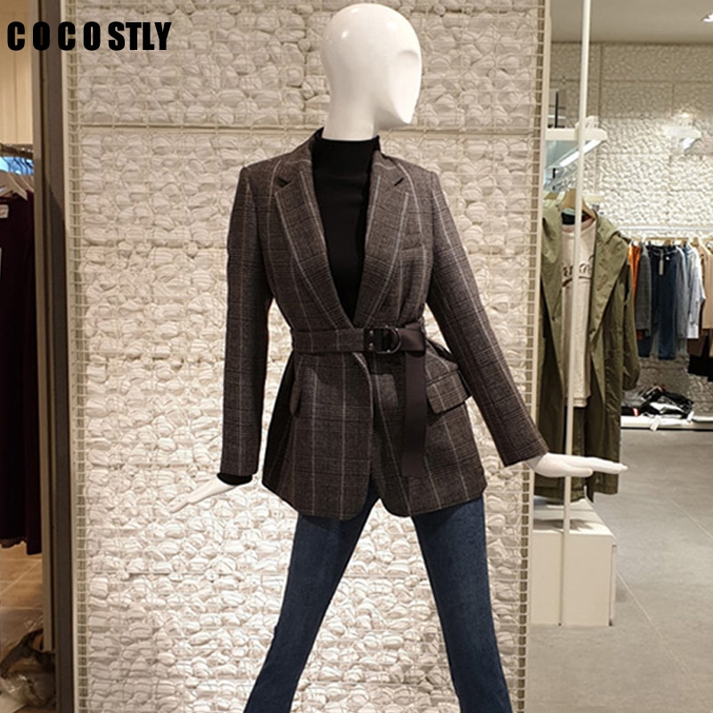 Blazer en vichy Chic à carreaux avec ceinture, manches longues, costume mi-longues pour femme, de bureau, printemps-automne coréen, collection