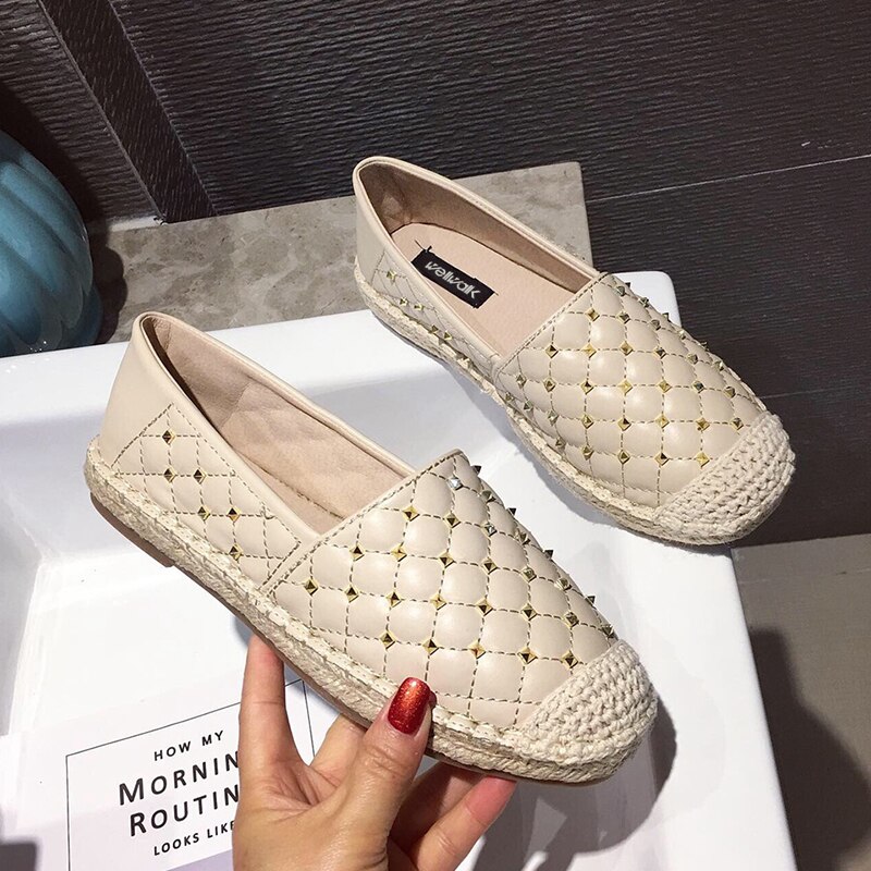 Rivet Stud Loafers Women Flats Hemp Shoes Round Toe Espadrilles Female Slip On Casual Shoe Woman Spring Autumn Moccasin