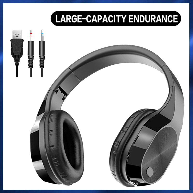 Foldable Wired Wireless Headphone 5.0 Bluetooth Wireless Earphones Stereo Earbuds Gaming Headsets With Microphone PC Laptop: full black