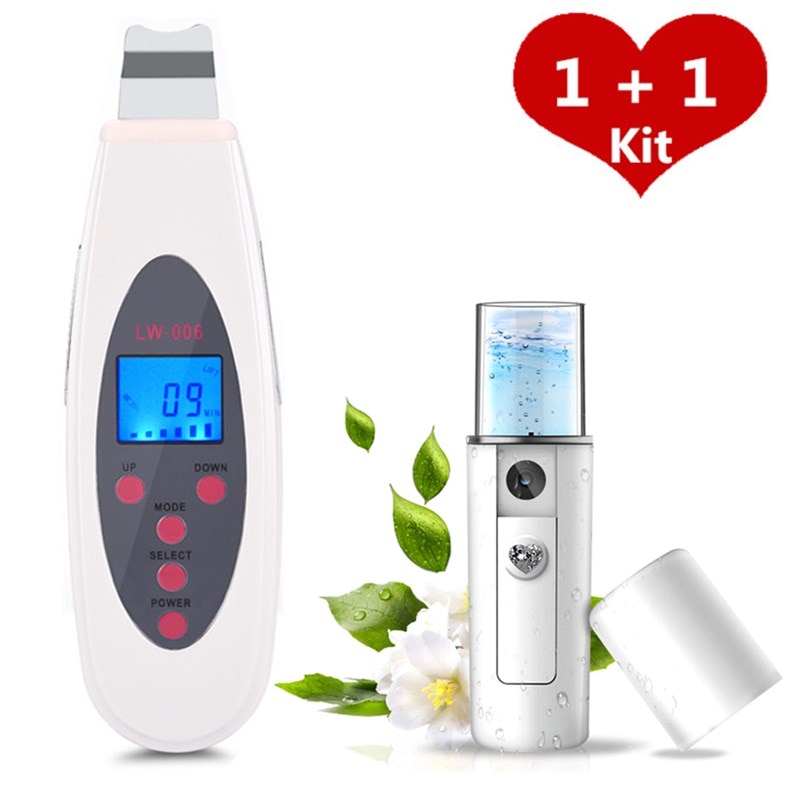 Ultrasone Huid Scrubber Diepe Gezicht Reinigingsmachine Verwijderen Vuil Mee-eter Peeling Lifting Massager + Nano Facial Steamer Sproeier