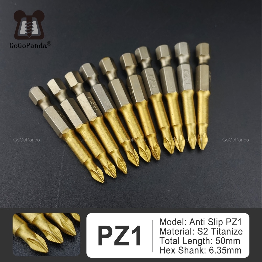 10 stk 50mm s2 titaniser pozidrive bits sekskantet skridsikker skruetrækkerbit magnetisk enkelt hoved  pz1 / pz2 / pz3: 50mm pz1