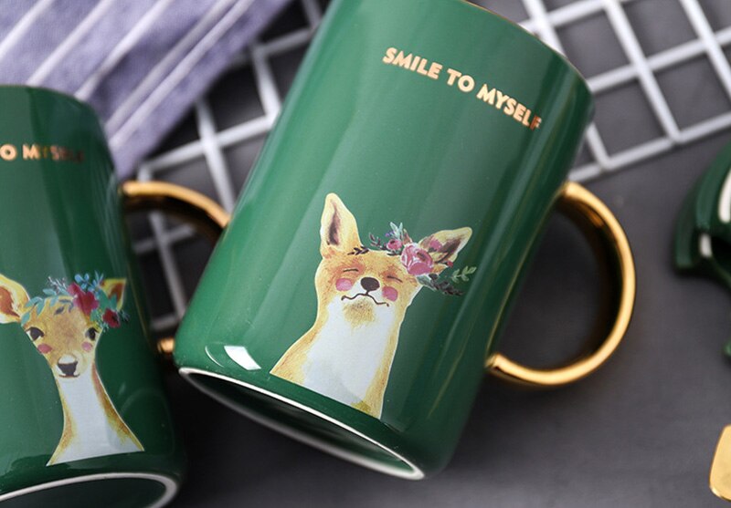 Guldgrønt hjorte mønster krus med ske låg, kontor business te krus drinkware krus, personlighed keramisk kaffekop