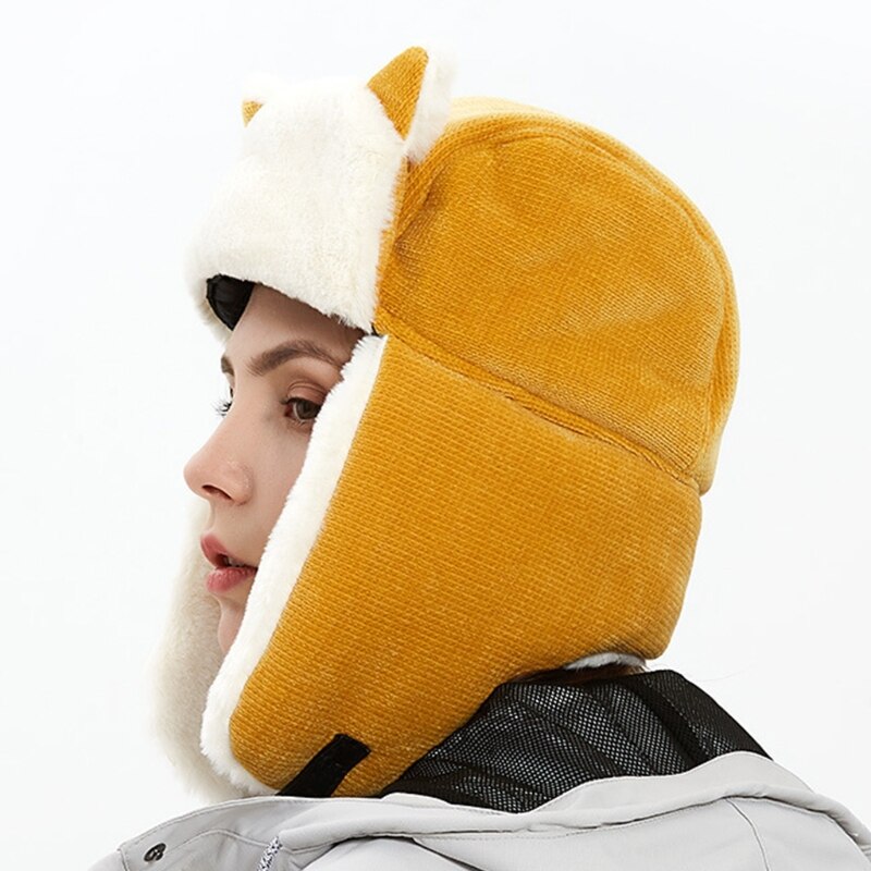 Women Winter Thicken Plush Lining Trooper Bomber Hat Lady Cute Cat Ears Outdoor Cold Weather Snow Ski Windproof Earflap Cap