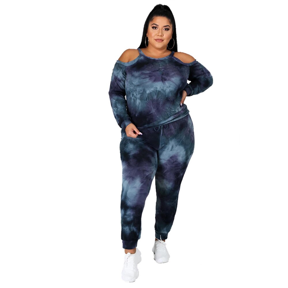 Dames blauw groot casual sportpak met off-shoulder tie dye sportkleding voor dames, maat 5xl