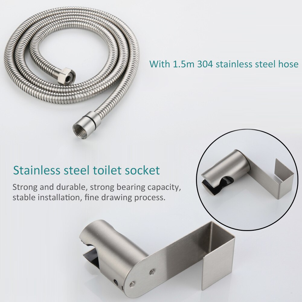 Stainless Steel Toilet Hand Bidet Faucet Bathroom Bidet Shower Sprayer Brass T adapter 1.5m Hose Tank Hooked Holder easy install