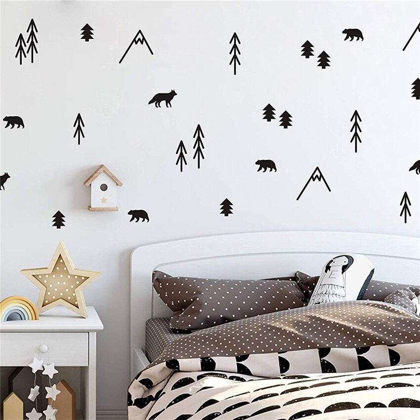 Woodland Animals Trees and Mountains Vinyl Wall Stickers for Bedroom Living Kids Room School Nursery Wall Decals Room Art Decor