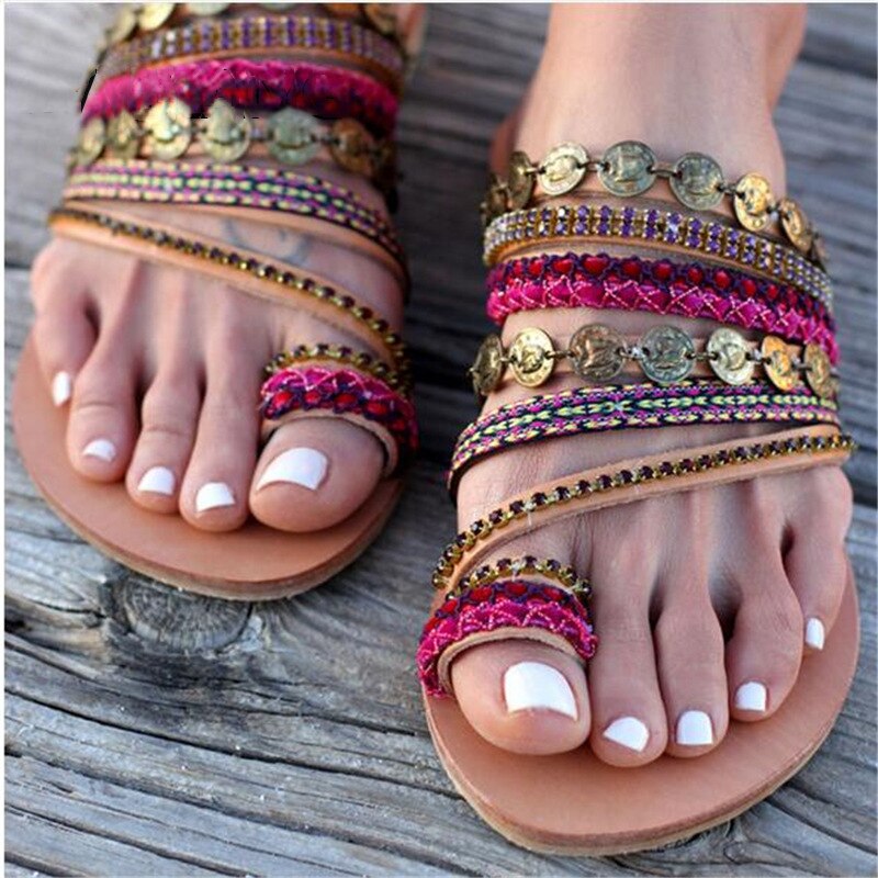 Zomer Vrouwen Slippers Rome Retro Sandalen Platte Casual Schoenen Boho Sandalen Gemengde Kleur Smalle Band Romeinse Slippers