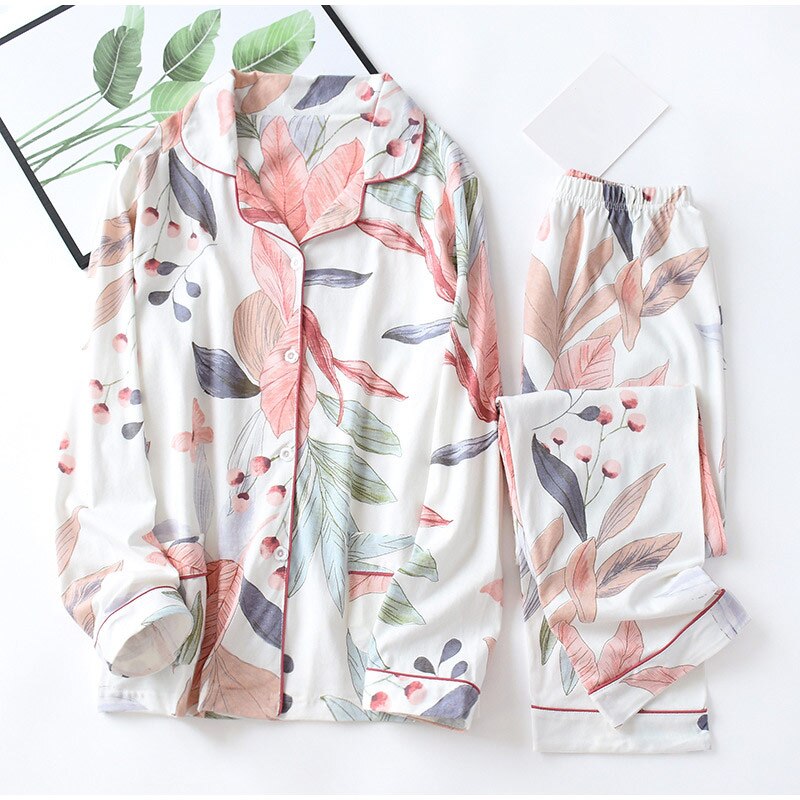 100% Cotton Leaves Print Long Sleeve Women Pajama Set Turn Down Neck Pockets Lady Homewear Set Spring Autumn Female Lounge Suit: L