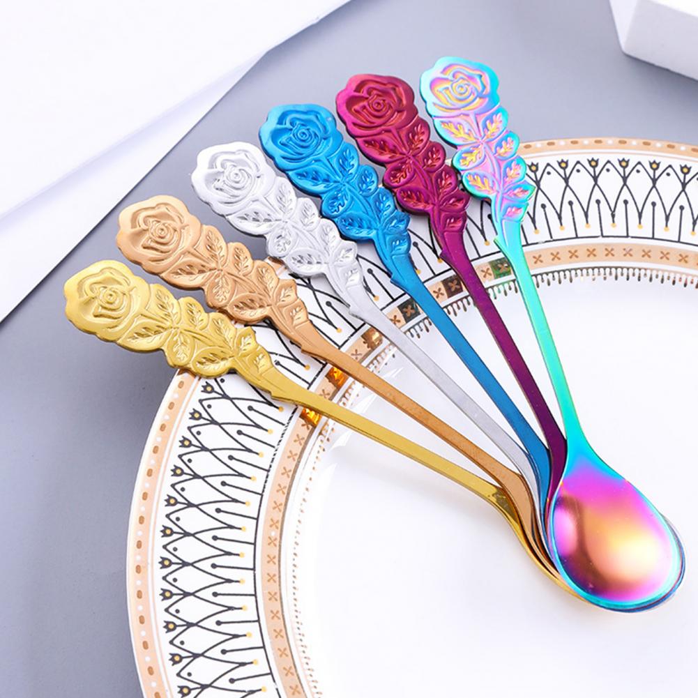 Creativity Coffee Spoon Rose Handle Dessert Stainless Steel Stirring Teaspoon Tableware for Restaurant Kitchen