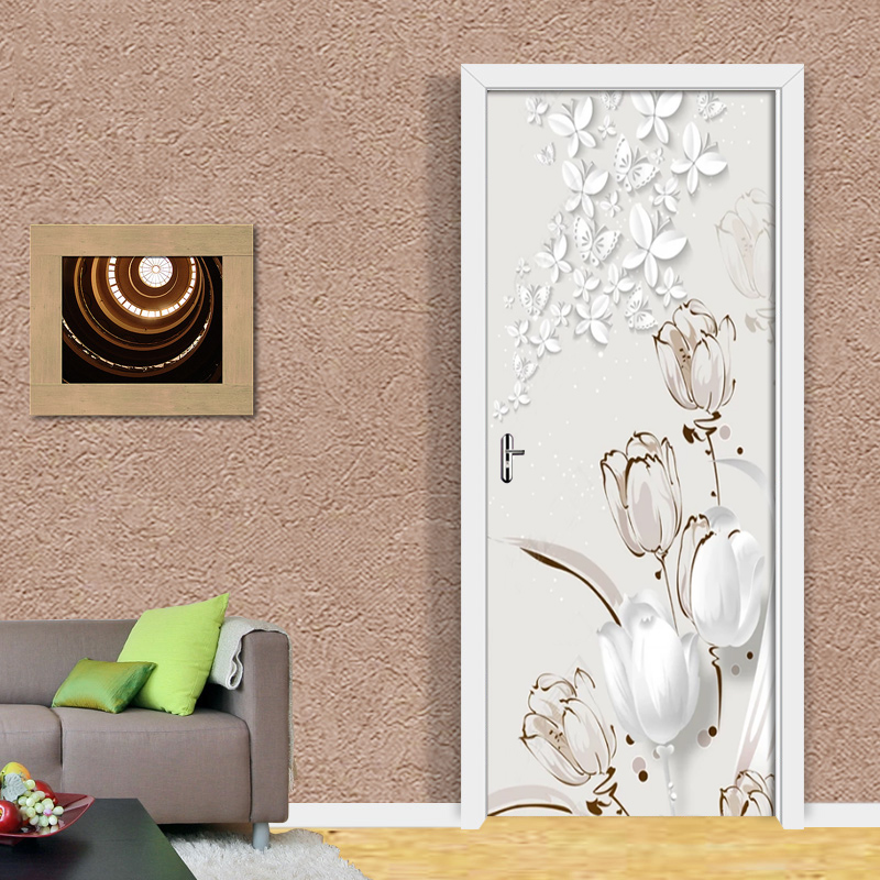 PVC Self-Adhesive Waterproof Door Wall Sticker 3D Tulip Stereo Butterfly Wallpaper 3D Door Mural Living Room Study Home Decor
