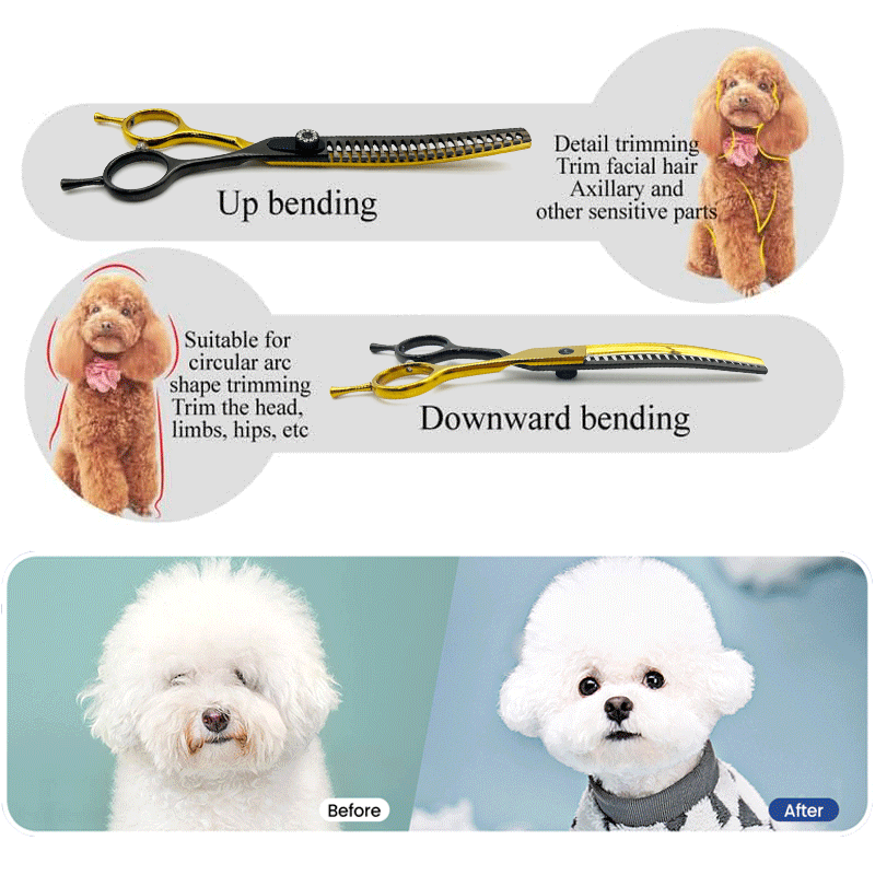 Ciseaux Chunker incurvés pour le toilettage des chiens, ciseaux amincissants pour chiens incurvés, ciseaux pour chats incurvés, grosseurs droits, tours pour animaux de compagnie