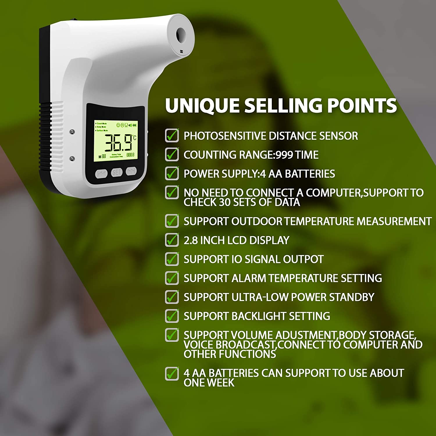 Wall Mounted Thermometer K3 PRO Non-Contact Infrared Temperature Measurement Forehead Thermometer with Alarm for Office Home