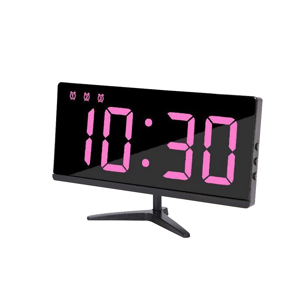 Digital LED Mirror Alarm Clock Dimmable LED Light Sensor Time Bedside Clock 3: Pink