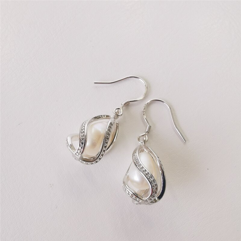 DMEFP102 pendientes de perlas de plata 925 joyería estilo bohemio 8-9mm negro/Blanco/rosa/púrpura pendientes de jaula de perlas para mujer: White