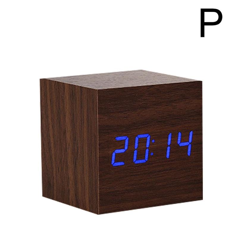 Reloj despertador de madera con cubo LED, alarma Digital con Control de sonido, temperatura 24 o 24 modos, pantalla de hora, 12 C4L3: Style P