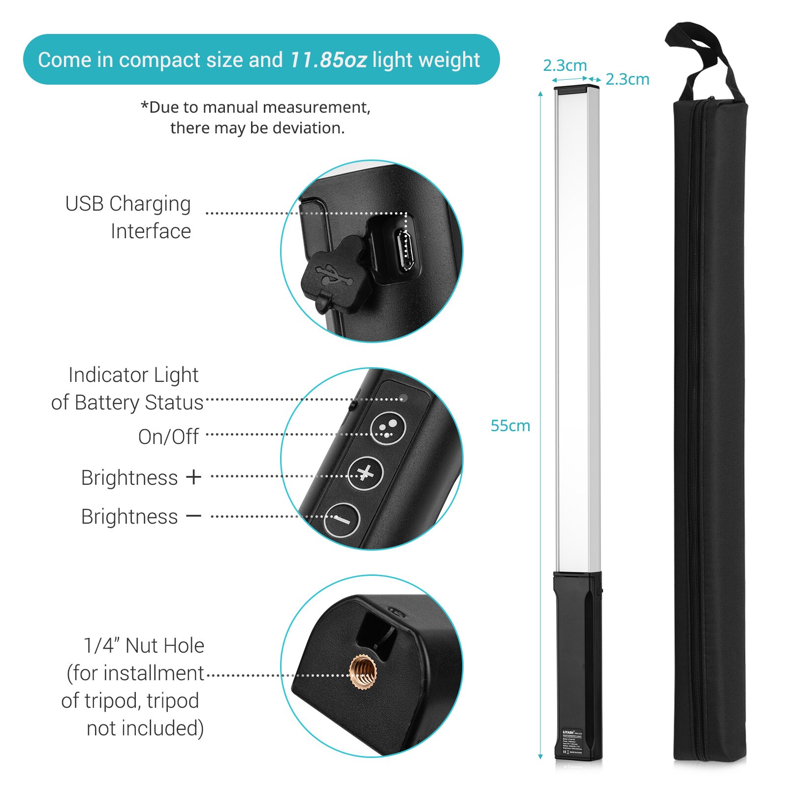 Varita de luz LED de mano RGB de CZ RU, palo de luz de fotografía recargable, 1000 lúmenes, 3200-5600K, bolsa portátil con Control remoto