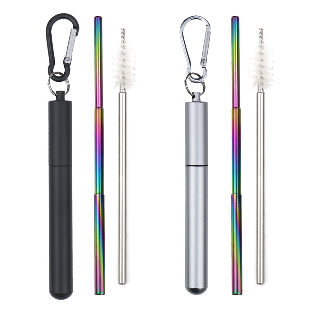 Reusable Stainless Steel Straws with Aluminium Keychain Case Cleaning Brush Collapsible Telescopic Portable Drinking Straws