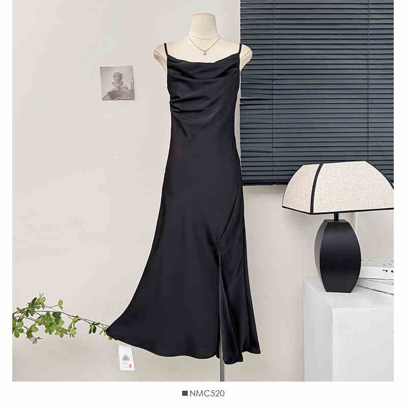 Kvinders stropkjole sommer pink satin split lone kjoler luksuriøse sexede festkjoler højtaljede slanke kjoler: S / Brun