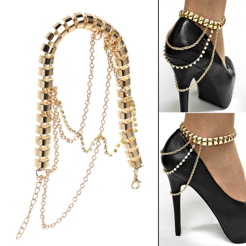 Tobillera de cadena de tacón alto para mujer, adorno de diamantes de imitación, Accesorios de boda nupciales colgante multicapa