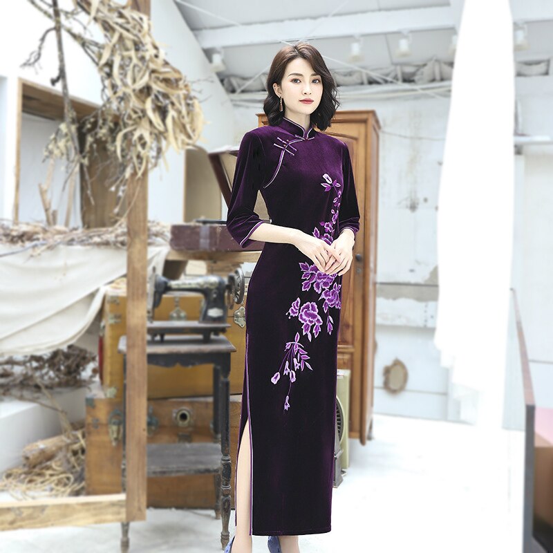 Sheng Coco Purple Velvet Long Cheongsam Long Sleeve Chinese Dress Evening Qipao Winter 4XL Plus Size Women Clothing