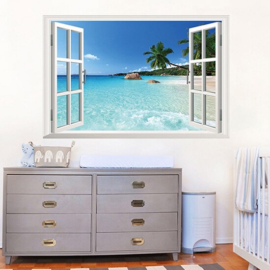 3D Strand Zee Venster Ocean View Landschap Muursticker Interieur Diy Kamer Decal