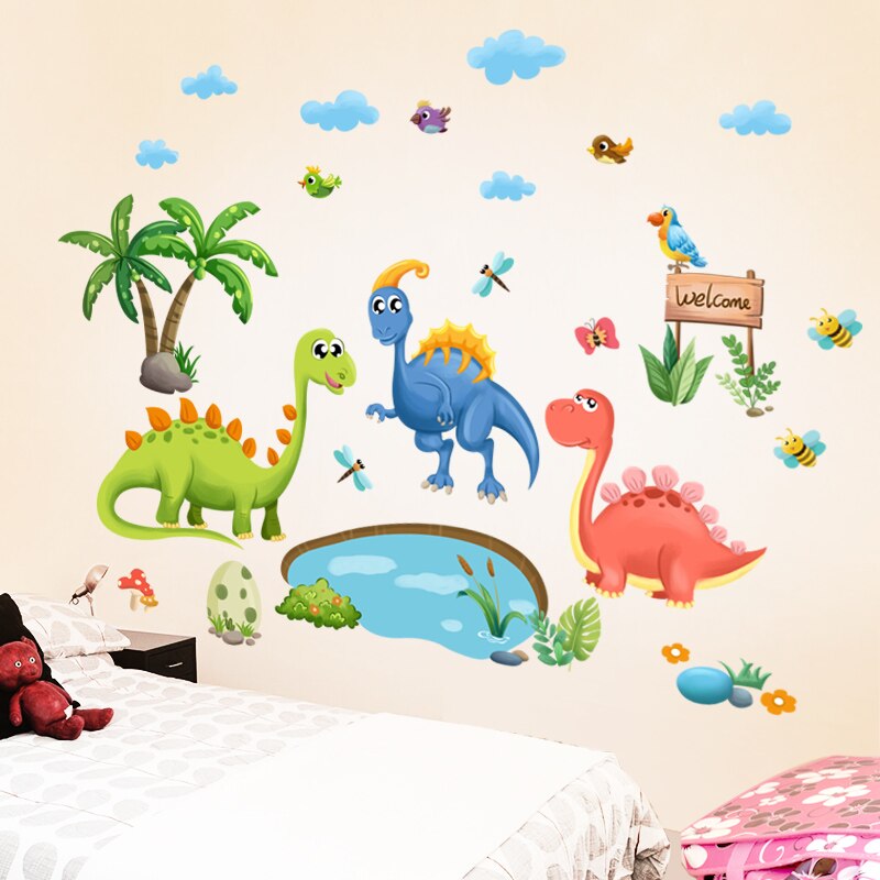 [shijuekongjian] dinosaurier djur väggdekal diy tecknade fåglar träd väggdekaler för barnrum baby sovrum barnkammare dekoration