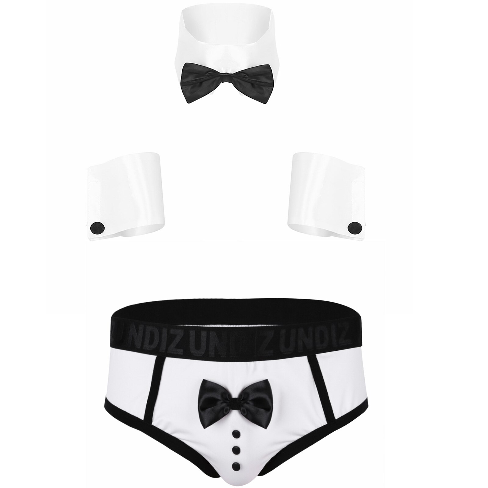 Ensemble pyjama pour hommes, Costume de jeu de rôle, vêtements de nuit, col, poignets avec bloc de couleur, mignon nœud papillon, slip de smoking, sous-vêtements: White / M