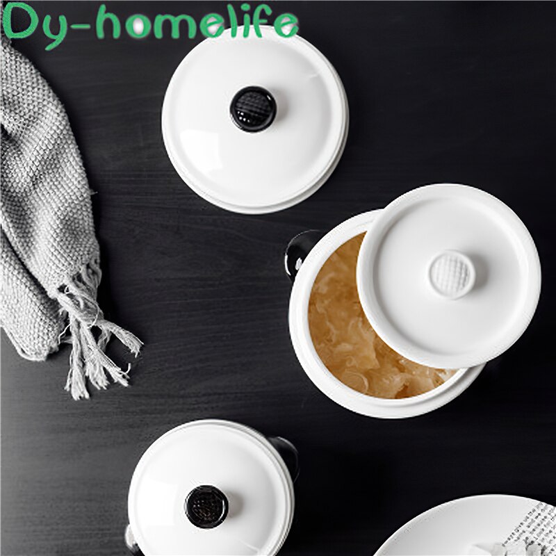 Ceramic Stew Pot Korean Double Ear Double Cover White Round Soup Bowl Cooking Utensils Household Kitchen Supplies Tableware