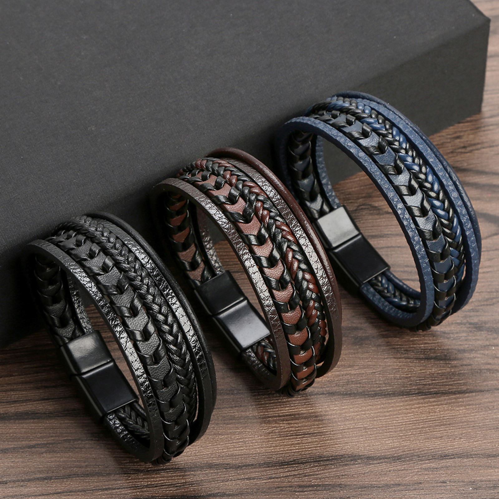 Pulseras trenzadas de cuero multicapa para hombre, brazaletes de cuerda con hebilla magnética hechos a mano, Masculino
